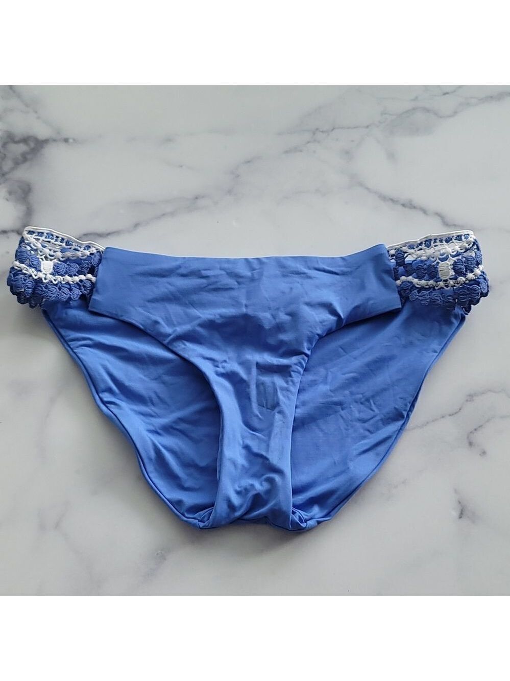 NWOT BECCA Embroidered Lace Swim Bikini Bottom Blue Size S